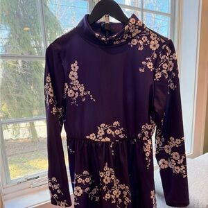 Plum Purple Floral Mock Neck Dress – Long Sleeve – Feminine Midi
